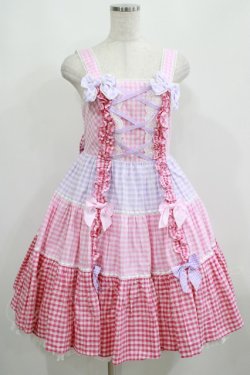画像1: Angelic Pretty / ギンガム配色肩リボンジャンパースカート Free ピンク/ラベンダー H-25-05-16-1005-AP-OP-NS-ZH