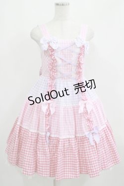 画像1: Angelic Pretty / ギンガム配色肩リボンジャンパースカート Free ピンク/ラベンダー H-25-05-16-1005-AP-OP-NS-ZH