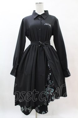 画像1: NieR Clothing / プリント切替シャツワンピース  黒×シエルプリント H-25-05-25-1015-PU-OP-KB-ZH