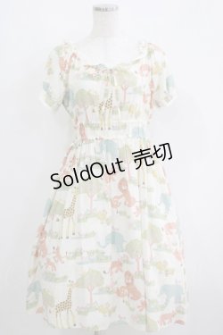 画像1: Jane Marple / Zooプリントのシャーリングワンピース  オフホワイト H-25-06-04-008-JM-OP-KB-ZH