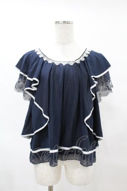 画像1: axes femme / シェル刺繍フレア袖プルオーバー M ネイビー H-25-06-05-1057-AX-TO-NS-ZH