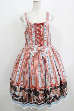 画像1: metamorphose / 【プラスサイズ】Happy Sewing Time フリルジャンパースカート+ヘッドドレスセット プラスサイズ サックス/赤 H-25-06-06-015-ME-OP-NS-ZH