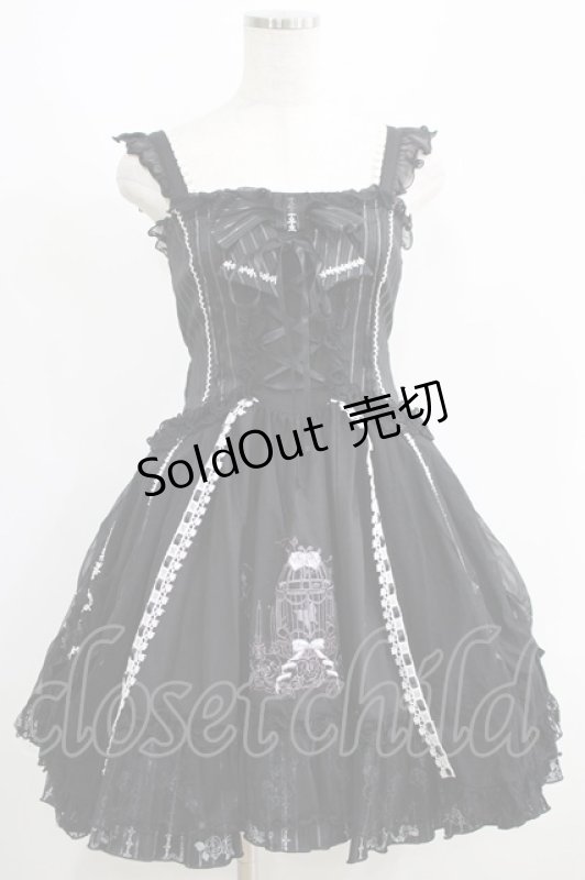 画像1: FRILL / 鳥かご刺繍ストライプ切替ジャンパースカート  黒 H-25-06-07-001-HN-OP-KB-ZH (1)