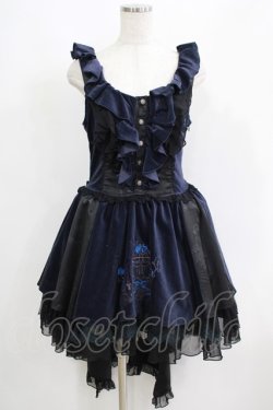 画像1: FRILL / 鳥かご刺繍フリルジャンパースカート  ネイビー×ブラック H-25-06-07-028-HN-OP-KB-ZH