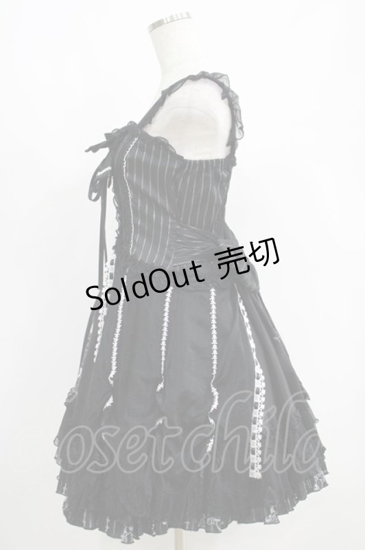 画像2: FRILL / 鳥かご刺繍ストライプ切替ジャンパースカート  黒 H-25-06-07-001-HN-OP-KB-ZH (2)