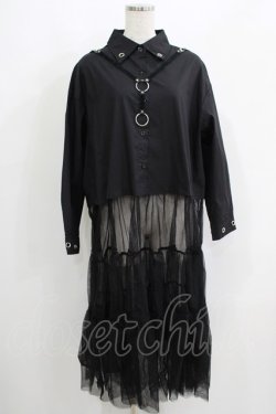 画像1: HELL CAT PUNKS / シャツ切替チュールワンピ F 黒 H-25-06-08-032-PU-OP-KB-ZH