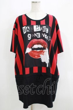 画像1: HELL CAT PUNKS / ストライプ切り替えBIG Tシャツ F 黒×赤 H-25-06-08-038-PU-TO-KB-ZH