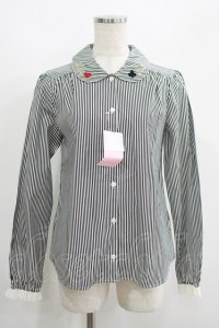 Shirley Temple / 刺繍襟ストライプブラウス 160 ブラックストライプ H-25-06-19-030-ET-BL-KB-ZH