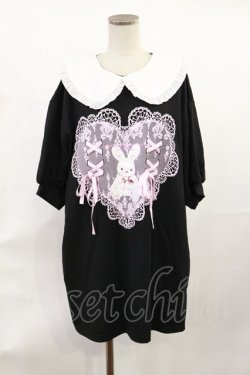 画像1: Majoretty / うさぎプリント丸襟Tシャツ M ブラック H-25-06-29-021-LO-TS-NS-ZH