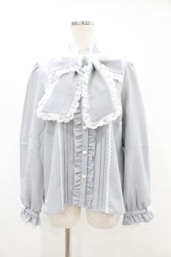 画像1: DearMyLove / レースフリルたっぷり上品ボウタイリボンブラウス L ブルーグレー H-25-06-30-1054-EL-BL-NS-ZH