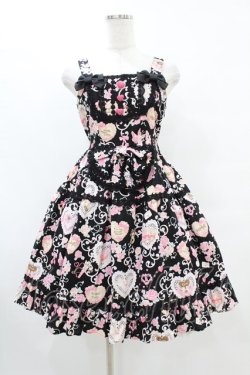 画像1: BABY,THE STARS SHINE BRIGHT / ハートマーブルチョコレートとシュガーコーテッドクッキー柄ティアードジャンパースカート S ブラック H-25-07-03-024-BA-OP-NS-ZH