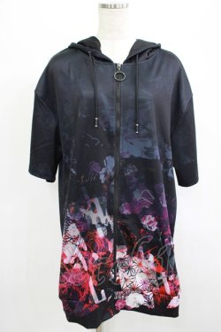 画像1: NieR Clothing / 総柄ZIP半袖パーカー F 黒 H-25-07-05-042-PU-TO-KB-ZH