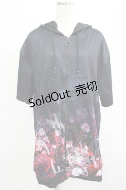 画像1: NieR Clothing / 総柄ZIP半袖パーカー F 黒 H-25-07-05-042-PU-TO-KB-ZH