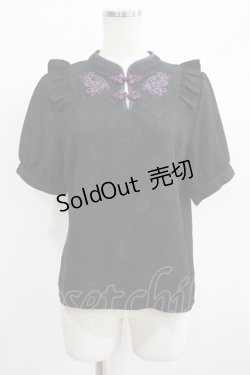 画像1: axes femme POETIQUE / チャイナ蝶刺繍半袖ブラウス M ブラック H-25-07-09-057-AX-BL-NS-ZH