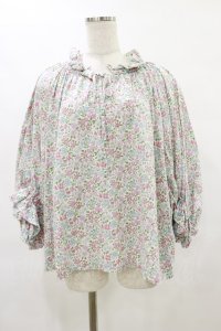 Jane Marple Dans Le Salon / Lawn Liberty Bubble Sleeve Blouse  オフ×ピンク×ブルー H-25-07-10-021-JM-BL-KB-ZH