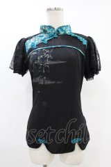 Ozz oneste / 和チャイナレース切替トップス  黒×緑 H-25-07-12-1054-OO-TO-KB-ZH