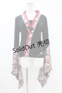 gouk / 着物袖カットソー  黒×和柄紫 H-25-07-12-1057-GO-TO-KB-ZH