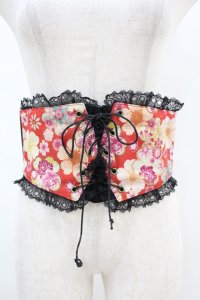 gouk / 和柄コルセットベルト  黒×和柄赤 H-25-07-12-1013-GO-ZA-KB-ZH