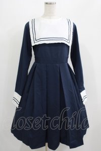 FLC / 皆方由衣コラボ/襟付きプリーツワンピース M ネイビー H-25-07-13-011-LO-OP-NS-ZH