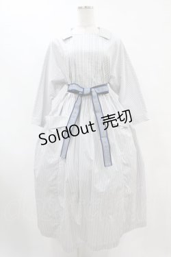 画像1: Jane Marple / フレンチロゴリボンタブリエドレス  アイボリー×ブルーグレイ H-25-07-15-1012-JM-OP-KB-ZH