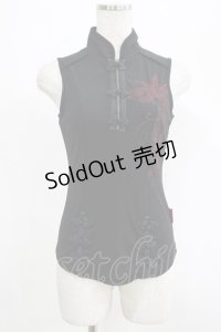 Ozz Croce / 刺繍チャイナノースリーブトップス  黒 H-25-07-18-056-OO-TO-KB-ZH