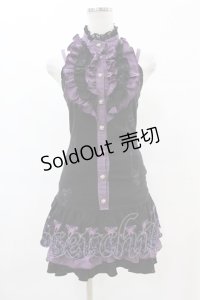 HONEY / 刺繍スカラップフリルノースリーブワンピース  黒×紫 H-25-07-20-013-HN-OP-KB-ZH