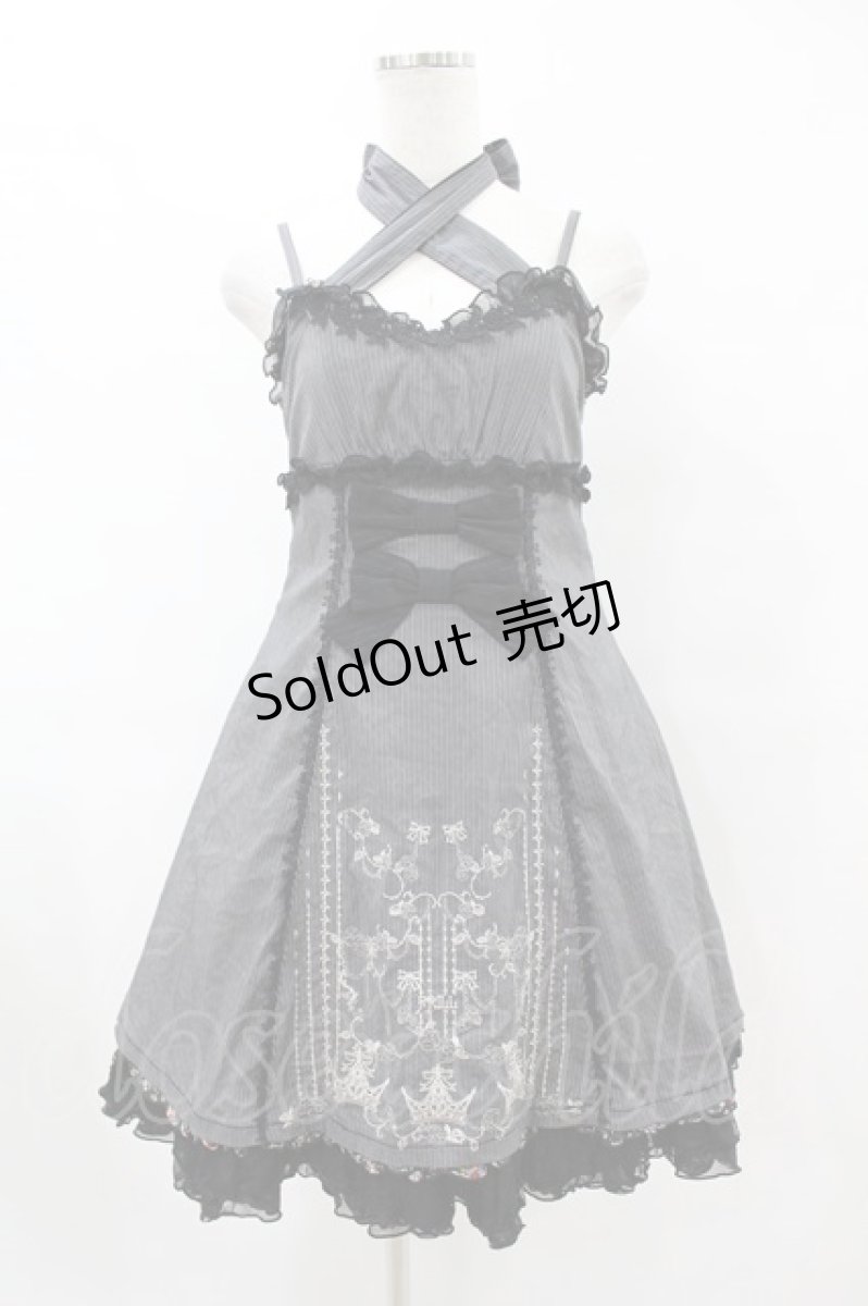 画像1: FRILL / ストライプ&リボンローズクラウン刺繍キャミワンピース  黒 H-25-07-20-018-HN-OP-KB-ZH (1)