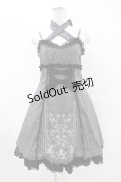 画像1: FRILL / ストライプ&リボンローズクラウン刺繍キャミワンピース  黒 H-25-07-20-018-HN-OP-KB-ZH