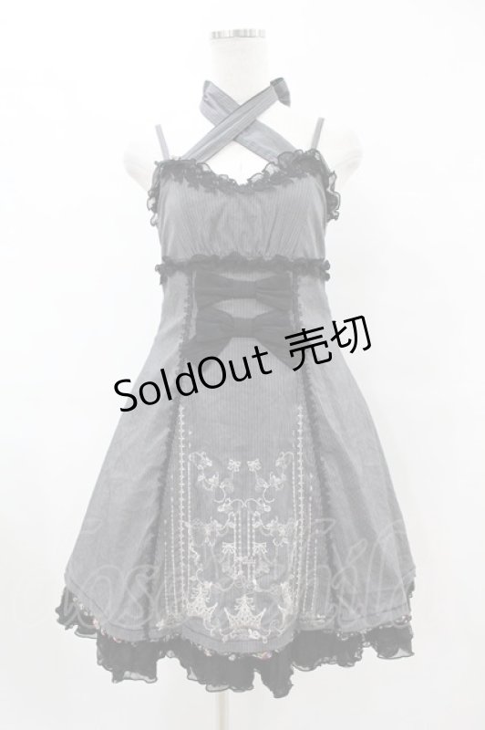 画像1: FRILL / ストライプ&リボンローズクラウン刺繍キャミワンピース  黒 H-25-07-20-018-HN-OP-KB-ZH (1)