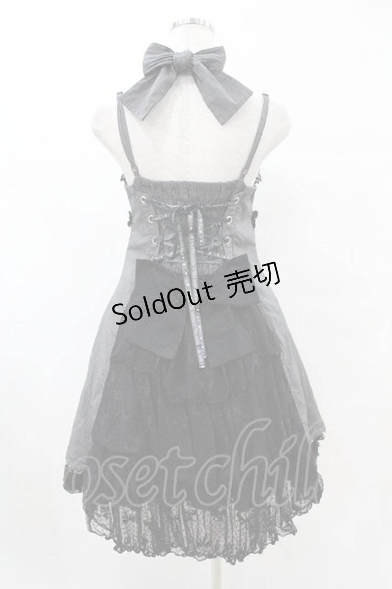 画像2: FRILL / ストライプ&リボンローズクラウン刺繍キャミワンピース  黒 H-25-07-20-018-HN-OP-KB-ZH (2)