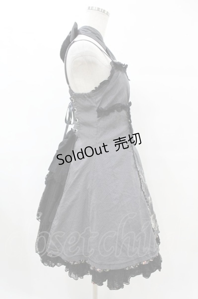 画像3: FRILL / ストライプ&リボンローズクラウン刺繍キャミワンピース  黒 H-25-07-20-018-HN-OP-KB-ZH (3)