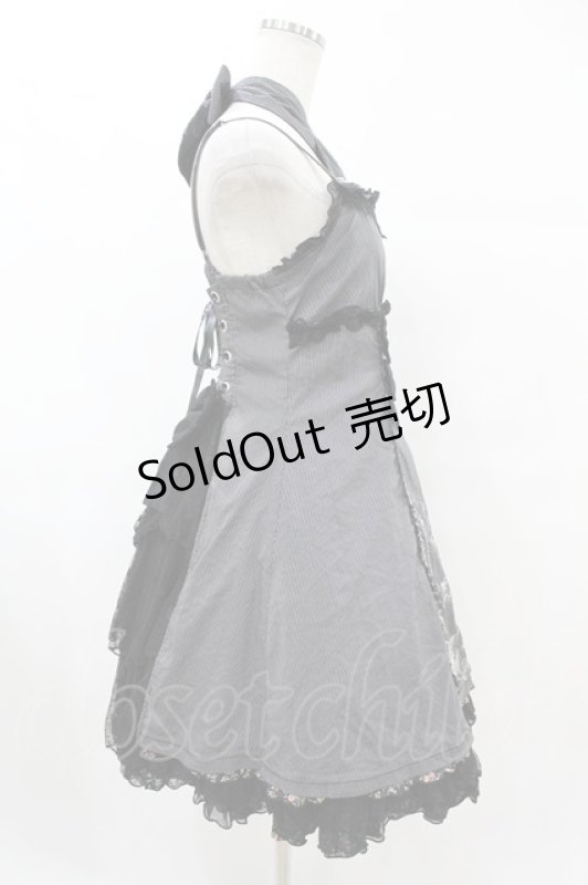 画像3: FRILL / ストライプ&リボンローズクラウン刺繍キャミワンピース  黒 H-25-07-20-018-HN-OP-KB-ZH (3)