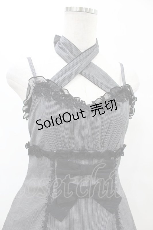 画像4: FRILL / ストライプ&リボンローズクラウン刺繍キャミワンピース  黒 H-25-07-20-018-HN-OP-KB-ZH (4)