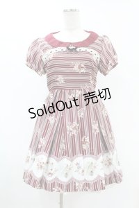 Ank Rouge / 青い鳥柄ローズストライプワンピース M ワイン H-25-07-24-1036-CA-OP-NS-ZH