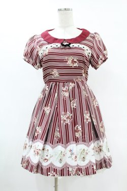 画像1: Ank Rouge / 青い鳥柄ローズストライプワンピース M ワイン H-25-07-24-1036-CA-OP-NS-ZH
