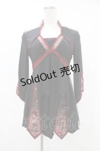 Ozz oneste / ジャガード切替チュール重ねチュニックトップス  黒×赤 H-25-07-25-1042-OO-TO-KB-ZH