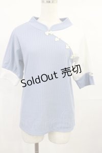 axes femme / チャイナ釦バイカラープルオーバー M サックス H-25-07-27-1029-AX-TO-NS-ZH