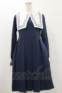 FLC / 皆方由衣コラボ/襟付きプリーツワンピース L ネイビー H-25-07-30-067-LO-OP-NS-ZH
