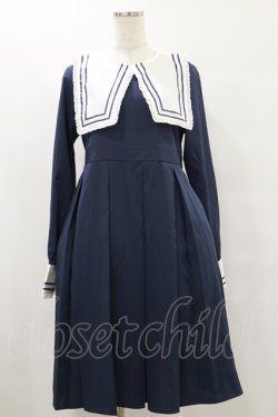 画像1: FLC / 皆方由衣コラボ/襟付きプリーツワンピース L ネイビー H-25-07-30-067-LO-OP-NS-ZH