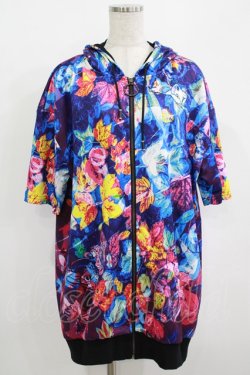 画像1: NieR Clothing / 総柄ZIP半袖パーカー  青 H-25-08-04-030-PU-TO-KB-ZH