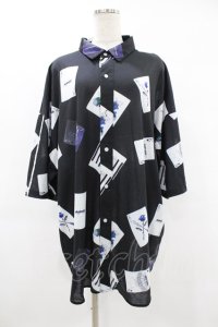 KINGLYMASK / トランプ総柄半袖カットソーシャツ  黒 H-25-08-04-1037-PU-BL-KB-ZH