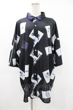 画像1: KINGLYMASK / トランプ総柄半袖カットソーシャツ  黒 H-25-08-04-1037-PU-BL-KB-ZH