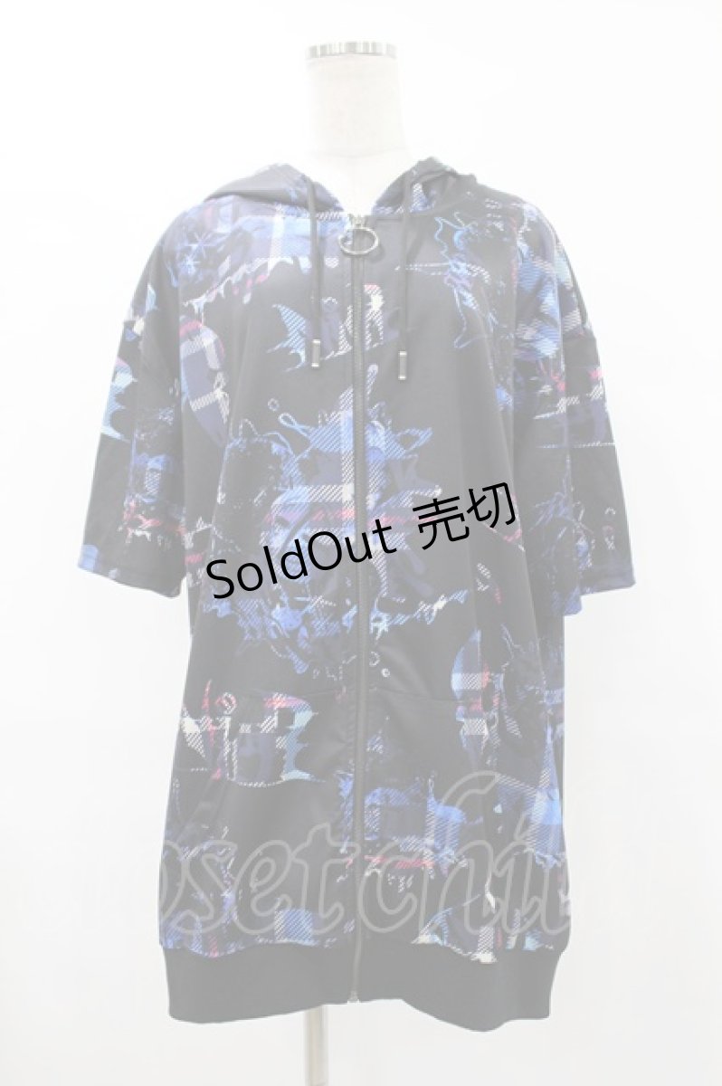 画像1: NieR CLOTHING / 総柄ZIP半袖パーカー  黒 H-25-08-04-1055-PU-TO-KB-ZT284 (1)