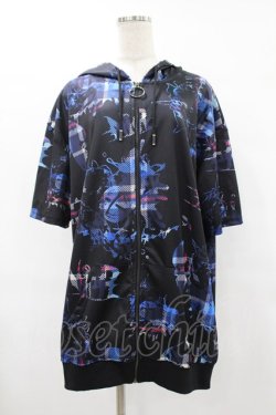 画像1: NieR Clothing / 総柄ZIP半袖パーカー  黒 H-25-08-04-1055-PU-TO-KB-ZH