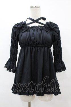画像1: ATELIER PIERROT / 5部袖シャーリングブラウス  ブラック H-25-08-07-1048-EL-BL-KB-ZH
