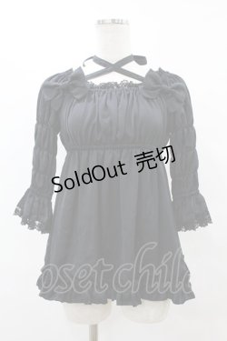 画像1: ATELIER PIERROT / 5部袖シャーリングブラウス  ブラック H-25-08-07-1048-EL-BL-KB-ZH