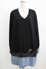 NieR Clothing / デニム切替オフショルワンピ  黒×ブルーデニム H-25-08-10-1057-PU-OP-KB-ZH