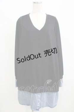 画像1: NieR Clothing / デニム切替オフショルワンピ  黒×ブルーデニム H-25-08-10-1057-PU-OP-KB-ZH