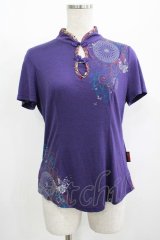 Ozz oneste / 刺繍チャイナカットソー  紫 H-25-08-13-061-OO-TO-KB-ZH