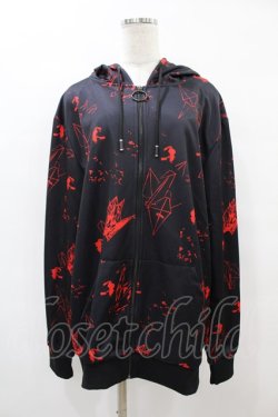 画像1: NieR Clothing / 総柄ZIPパーカー  黒×赤 H-25-08-14-055-PU-TO-KB-ZH
